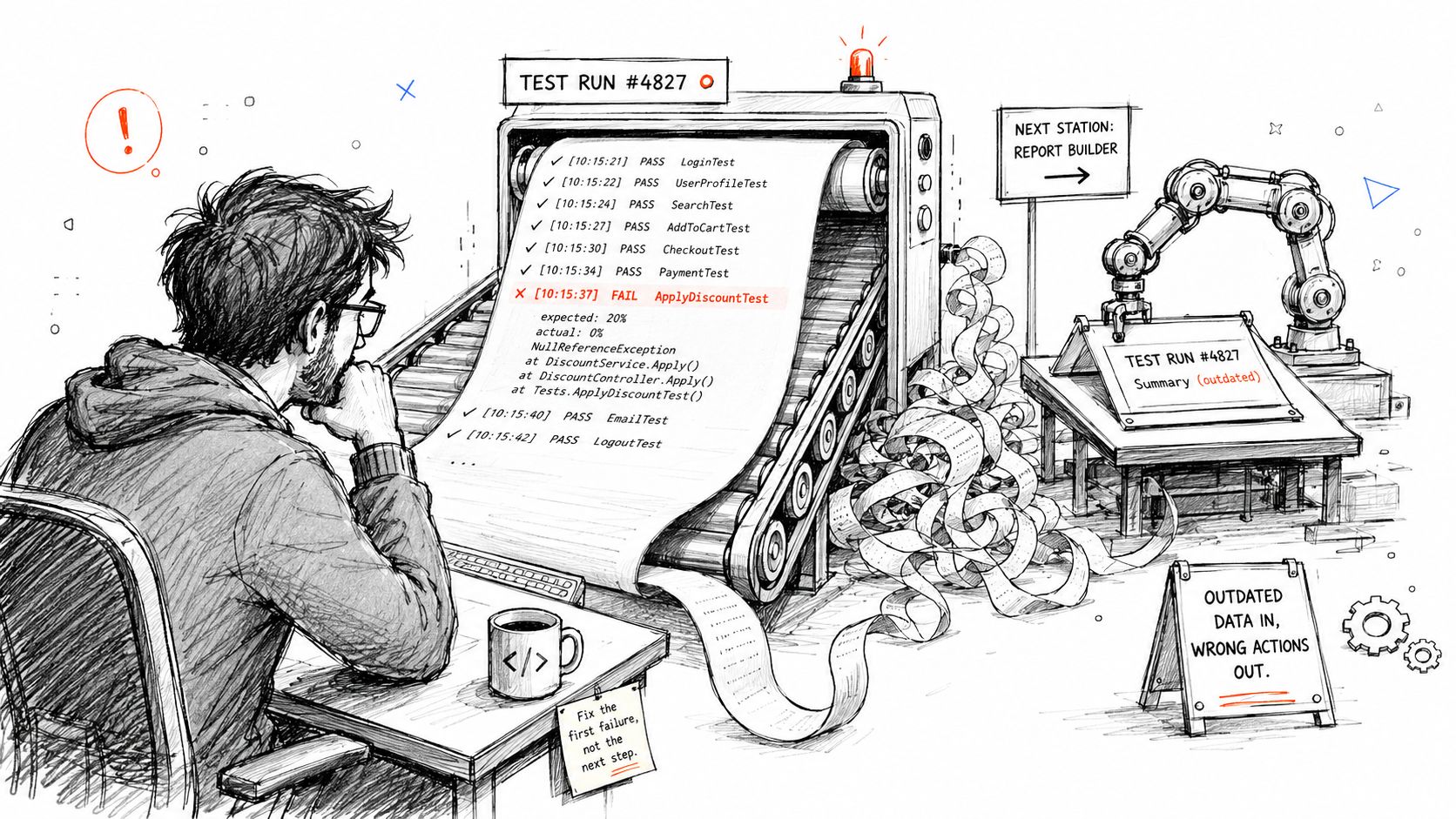 A digital illustration showing a developer observing a failing automated software test during a coding workflow process.