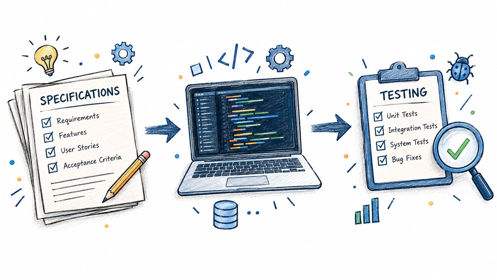 A hand-drawn illustration depicting the software development lifecycle from specifications to coding and final testing.