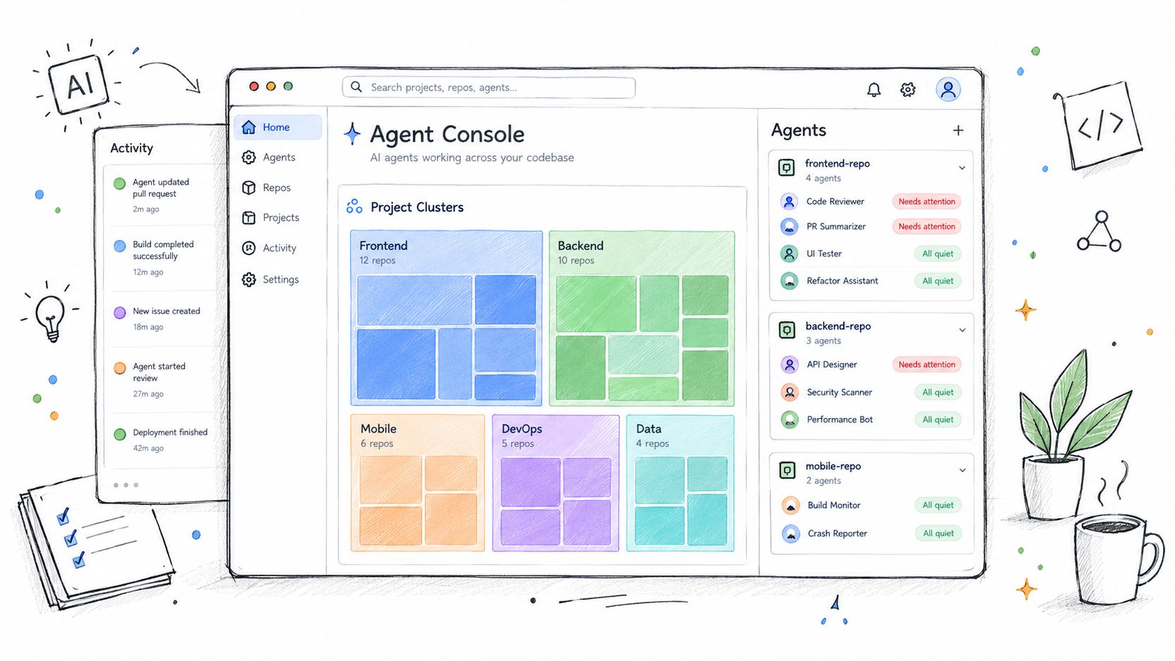 A digital dashboard showing project clusters and AI agents working on software development tasks for multiple repositories.