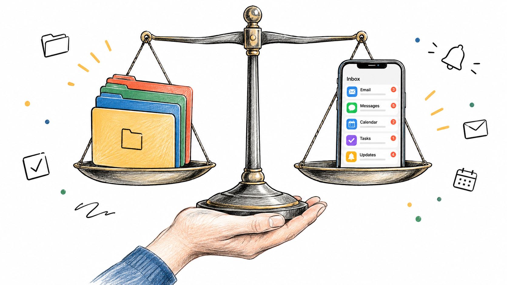 A hand holding a balance scale weighing digital folders against a smartphone showing app notifications.