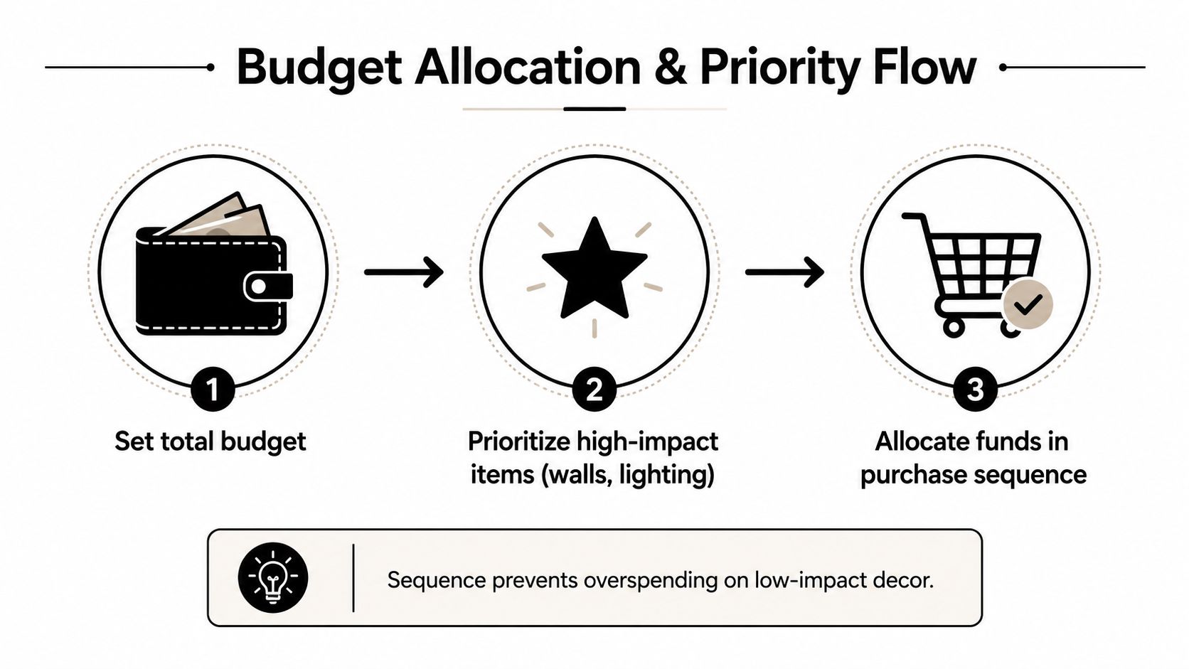 A diagram illustrating a three-step process for managing a home renovation budget through prioritization and sequencing.