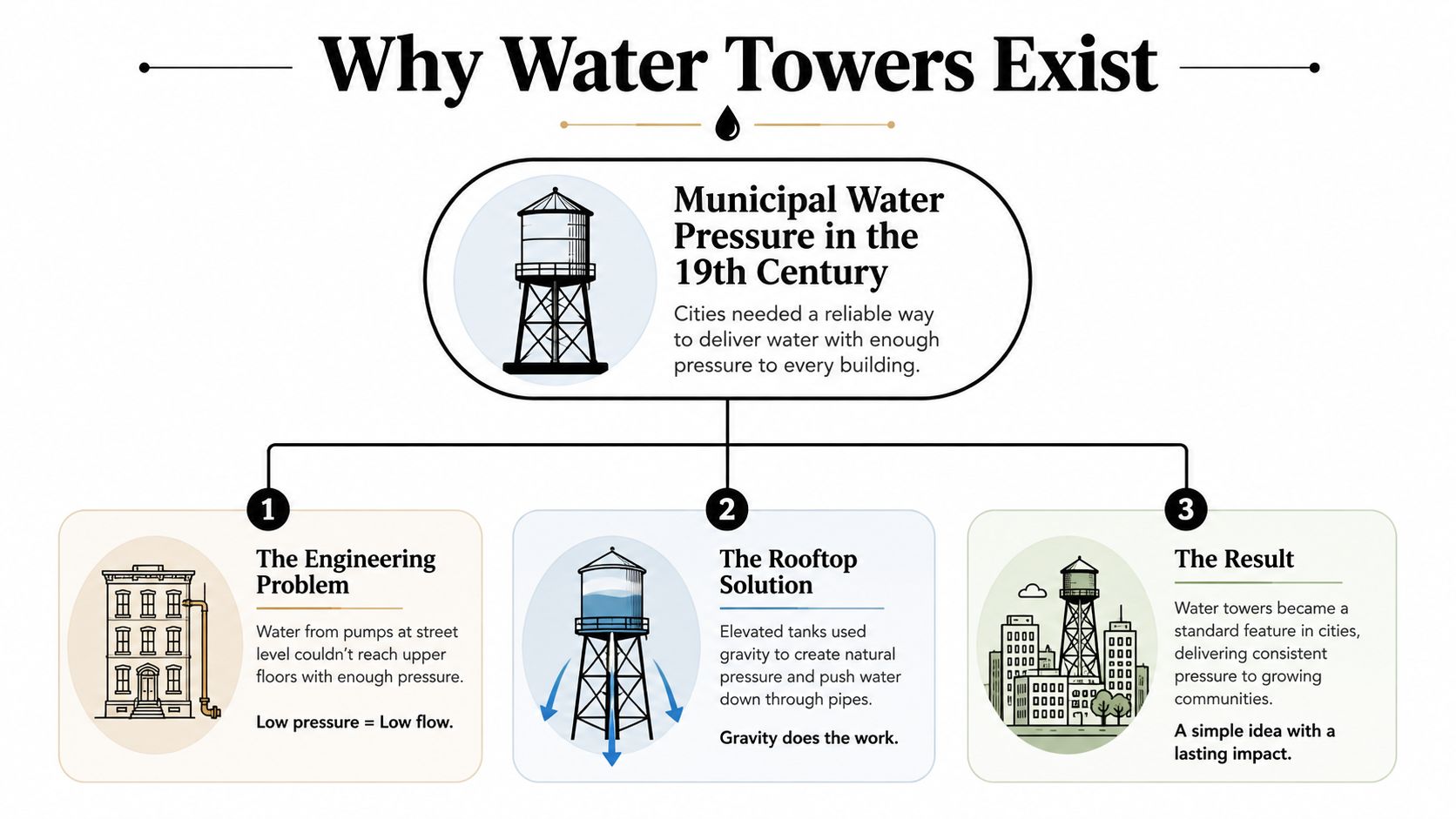 An infographic explaining how water towers use gravity to provide consistent water pressure in tall city buildings.