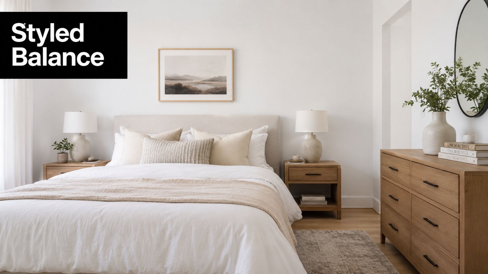 A serene and modern bedroom featuring a neutral color palette, cozy bedding, and minimalist wooden furniture design.