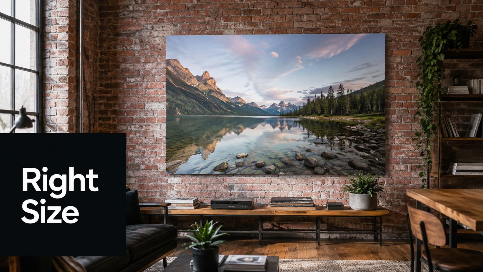 A large canvas landscape print of a mountain lake hanging on an exposed brick wall above furniture.