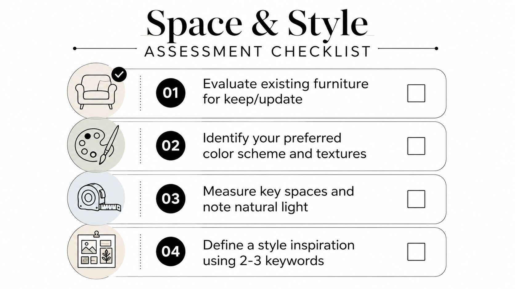 A checklist infographic titled Space and Style Assessment Checklist for home interior design planning and organization.