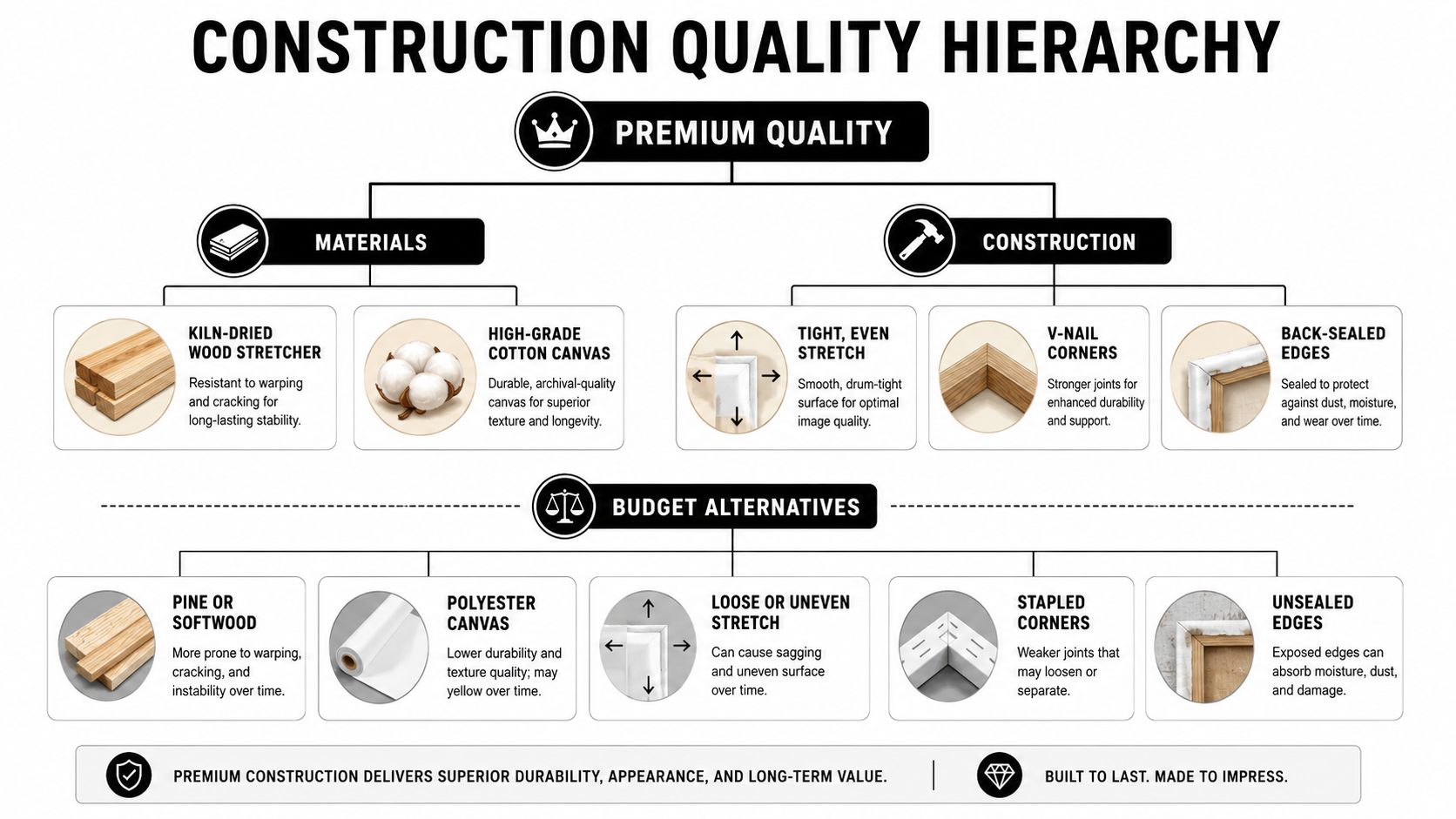 A comparison chart showing the construction quality hierarchy of premium gallery wrapped canvas versus budget alternatives.