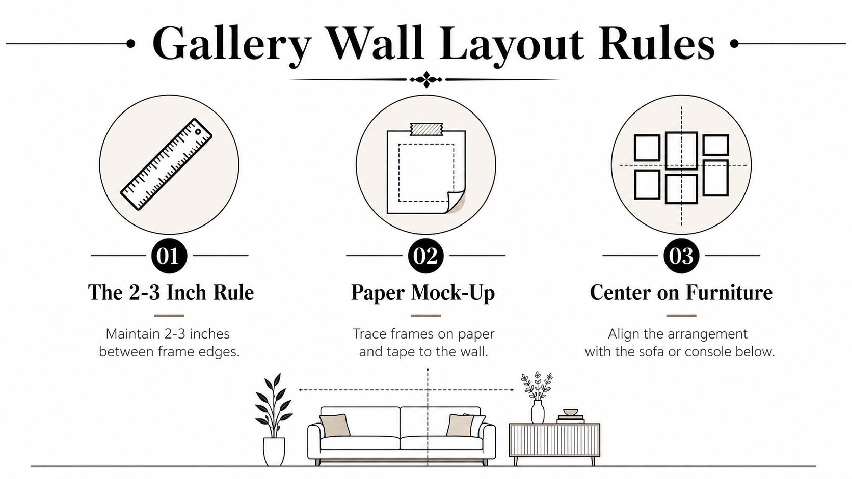 An infographic titled Gallery Wall Layout Rules with three numbered steps for creating an art gallery display.