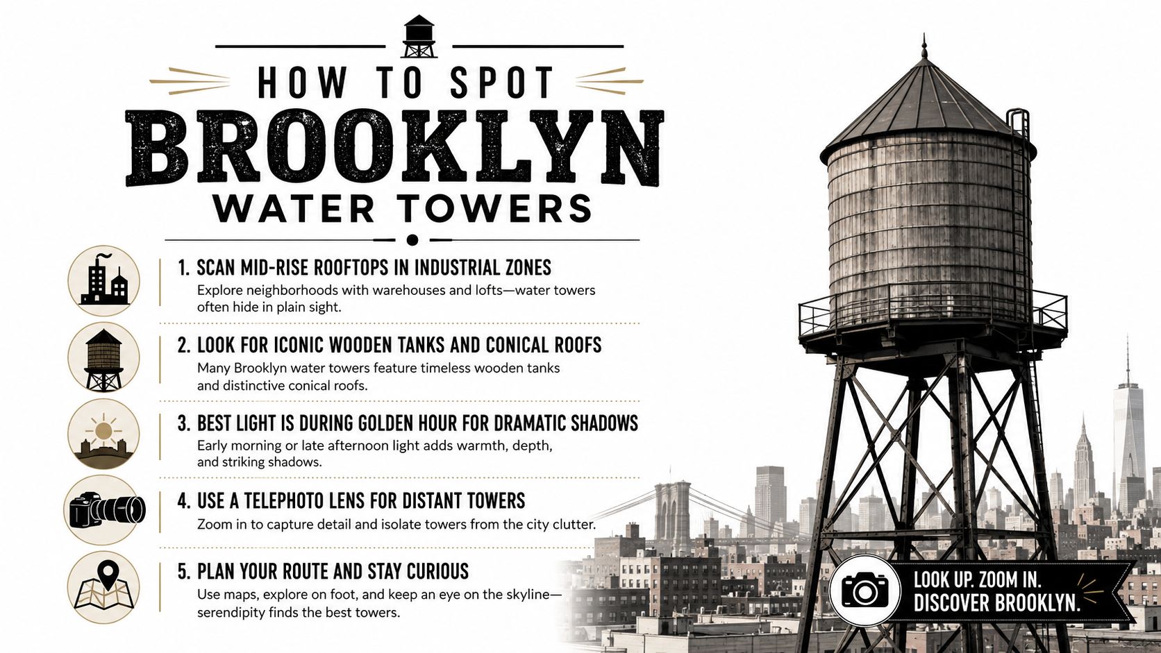 An infographic titled How to Spot Brooklyn Water Towers with tips for finding and photographing them.