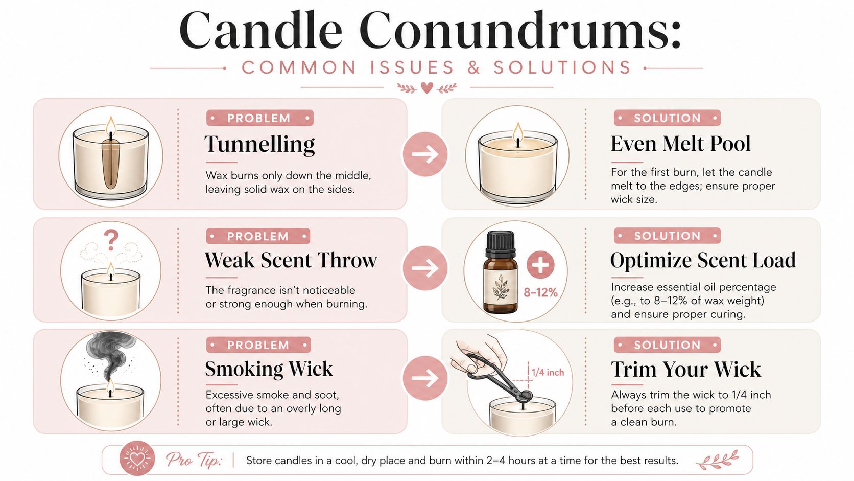 An infographic detailing common candle problems like tunneling, weak scent throw, and smoking wicks with corresponding solutions.