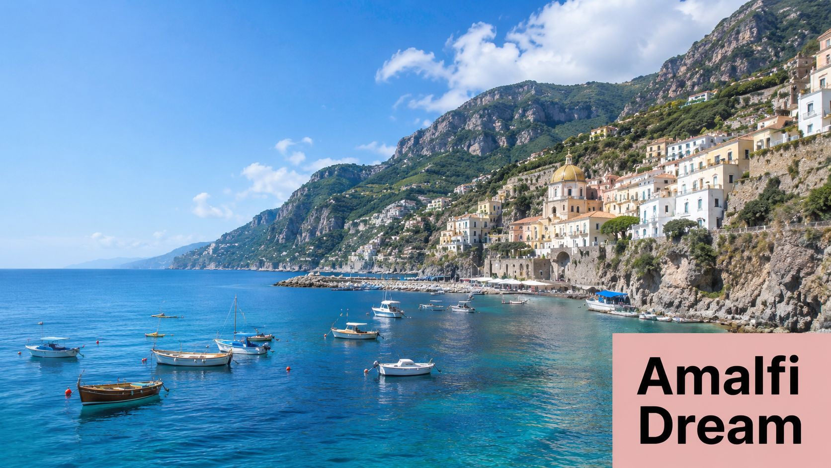 A scenic view of the Amalfi Coast with boats floating on the blue sea near hillside buildings.