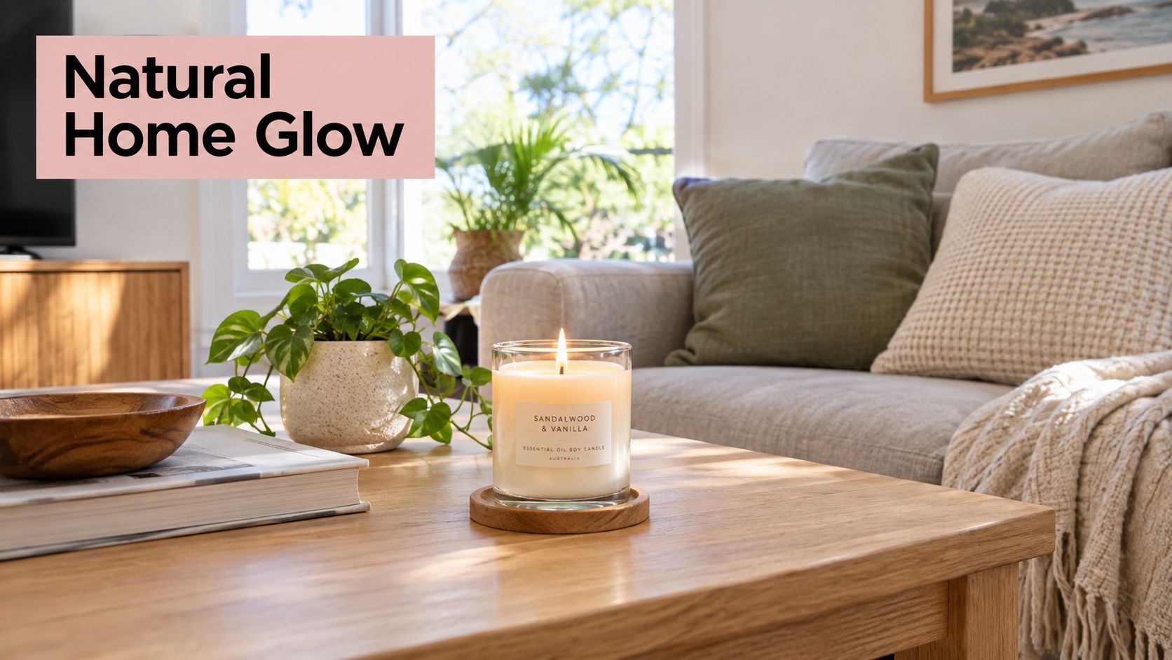A lit sandalwood and vanilla essential oil soy candle placed on a wooden living room coffee table.
