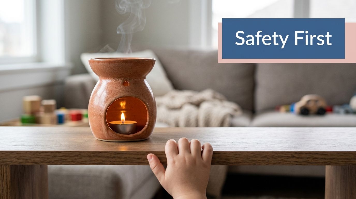 A child's hand reaching towards a lit ceramic oil burner on a wooden table, emphasizing safety hazards.