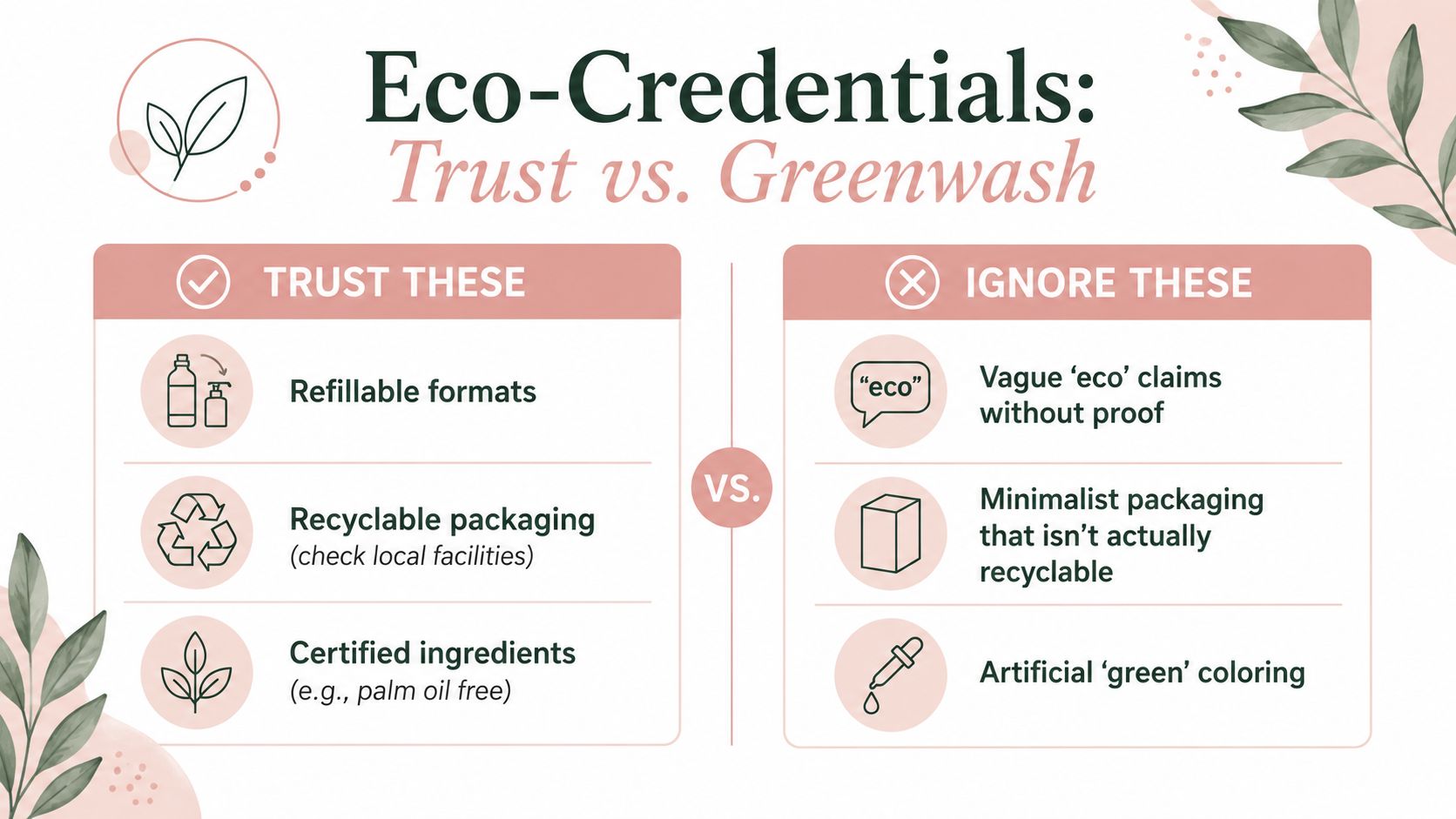 An infographic titled Eco-Credentials comparing trustworthy sustainable product features versus common greenwashing marketing tactics.