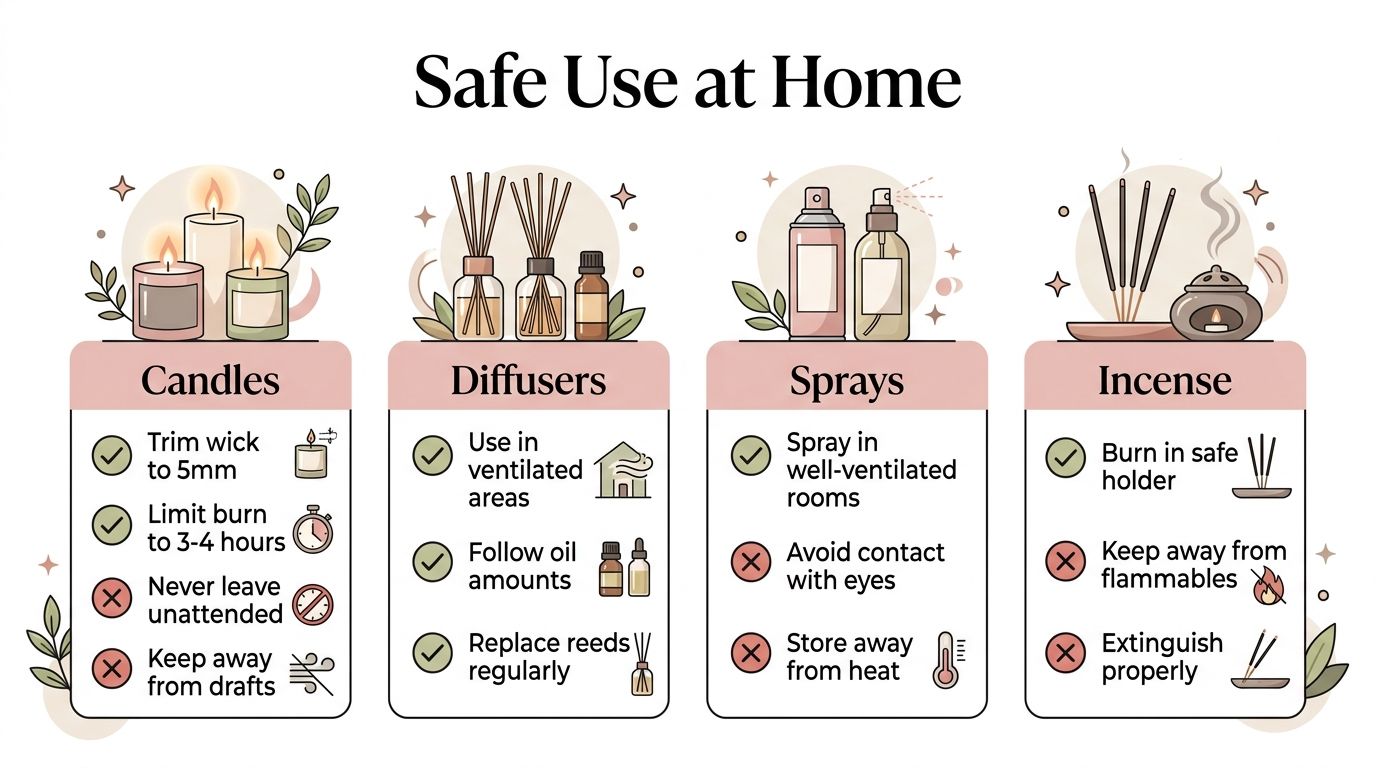 A safety infographic illustrating how to safely use home fragrance products like candles, diffusers, sprays, and incense.