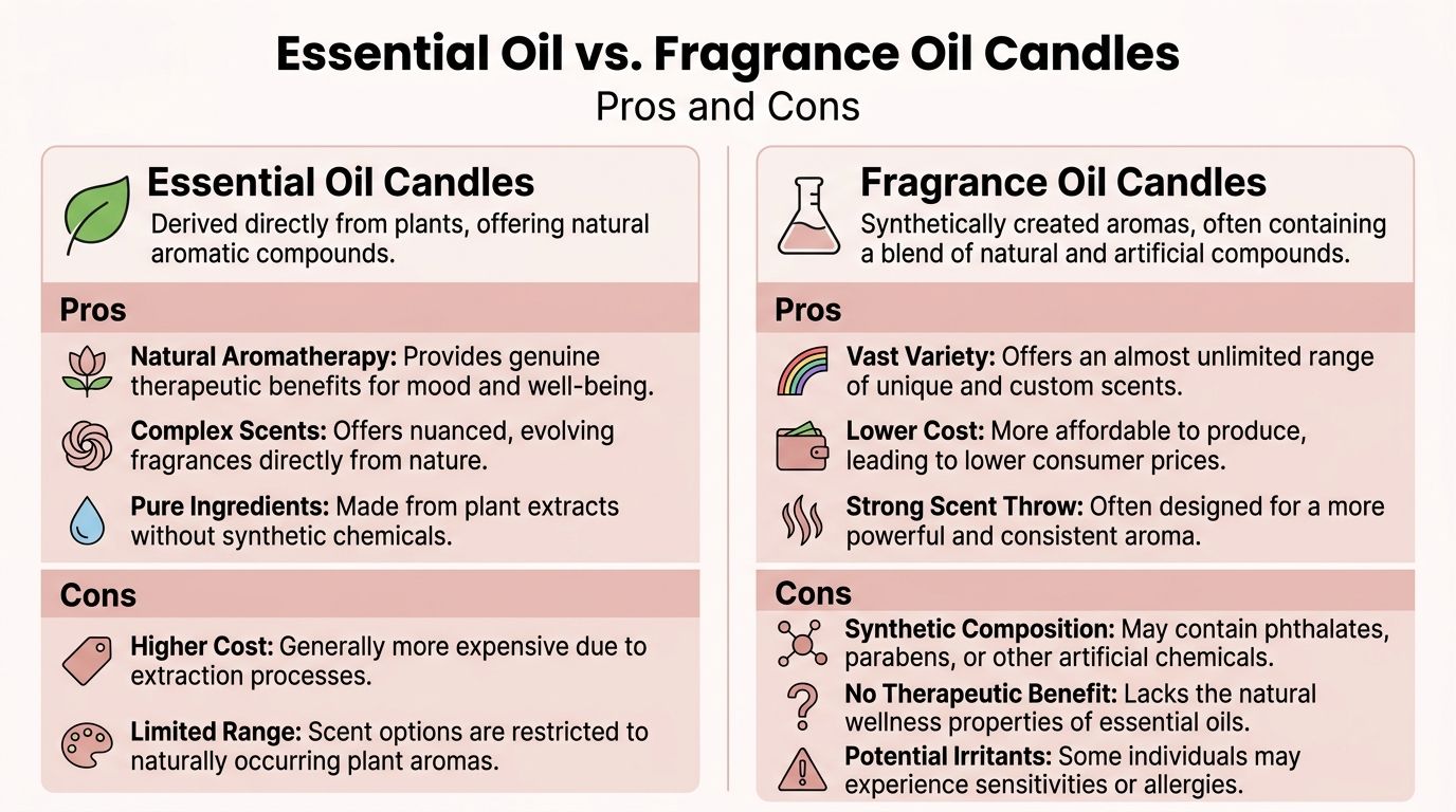 A comparison infographic detailing the pros and cons of essential oil candles versus fragrance oil candles.