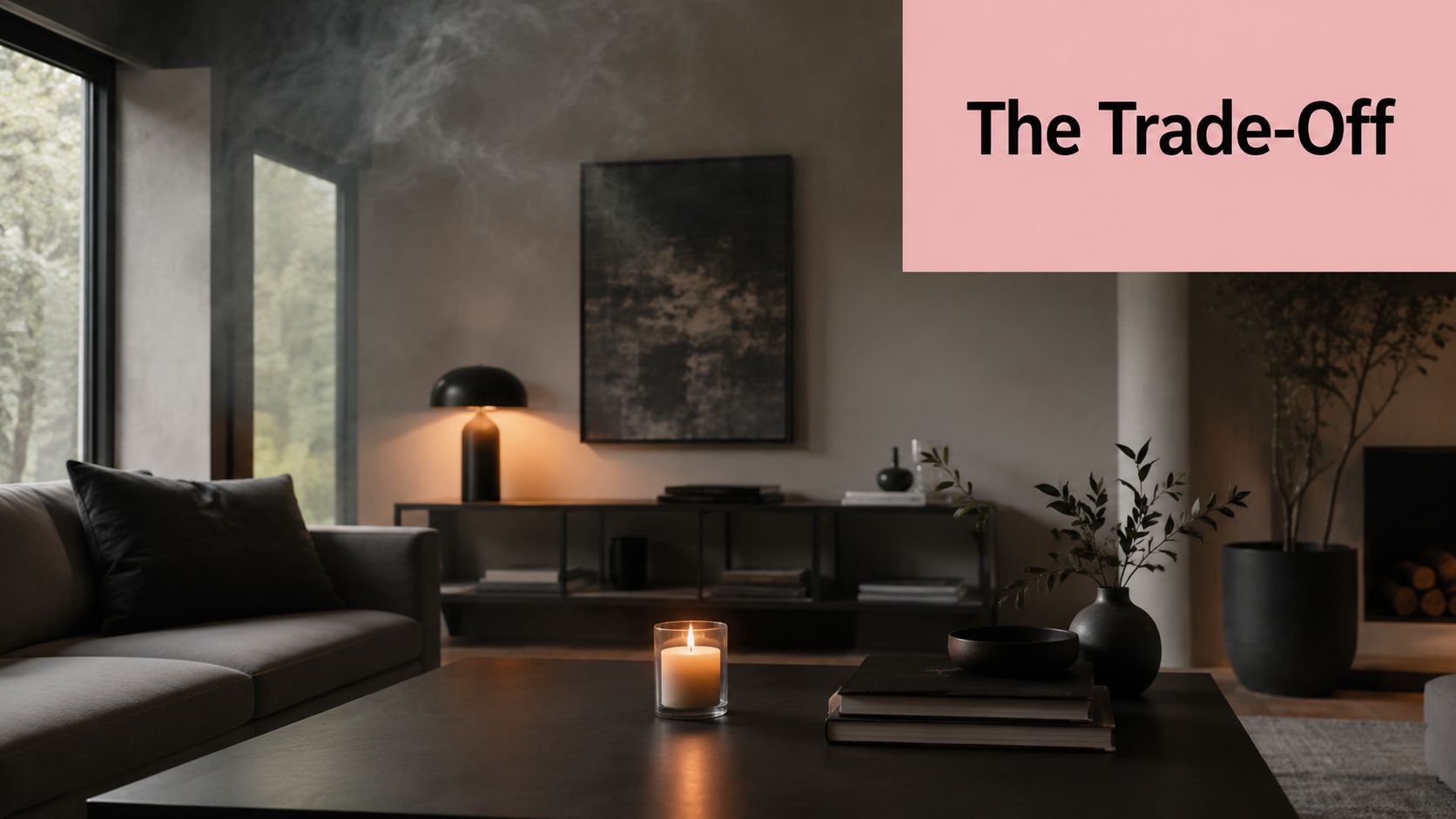 A cozy, minimalist living room featuring a lit candle, ambient lamp lighting, and soft wisps of smoke.