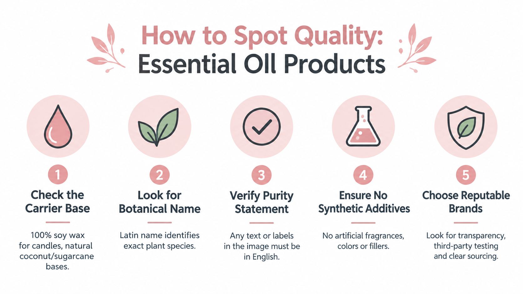A checklist infographic titled How to Spot Quality Essential Oil Products with five tips for choosing oils.