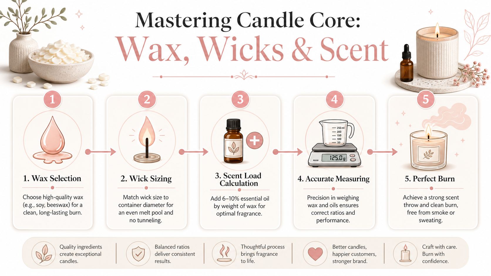 A step-by-step infographic titled Mastering Candle Core, illustrating the five stages of creating quality candles at home.