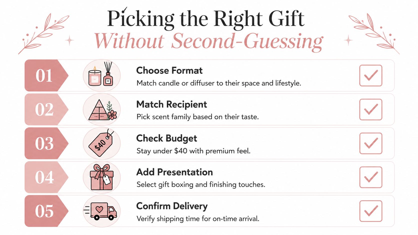 A five-step checklist titled Picking the Right Gift Without Second-Guessing for finding the perfect present.