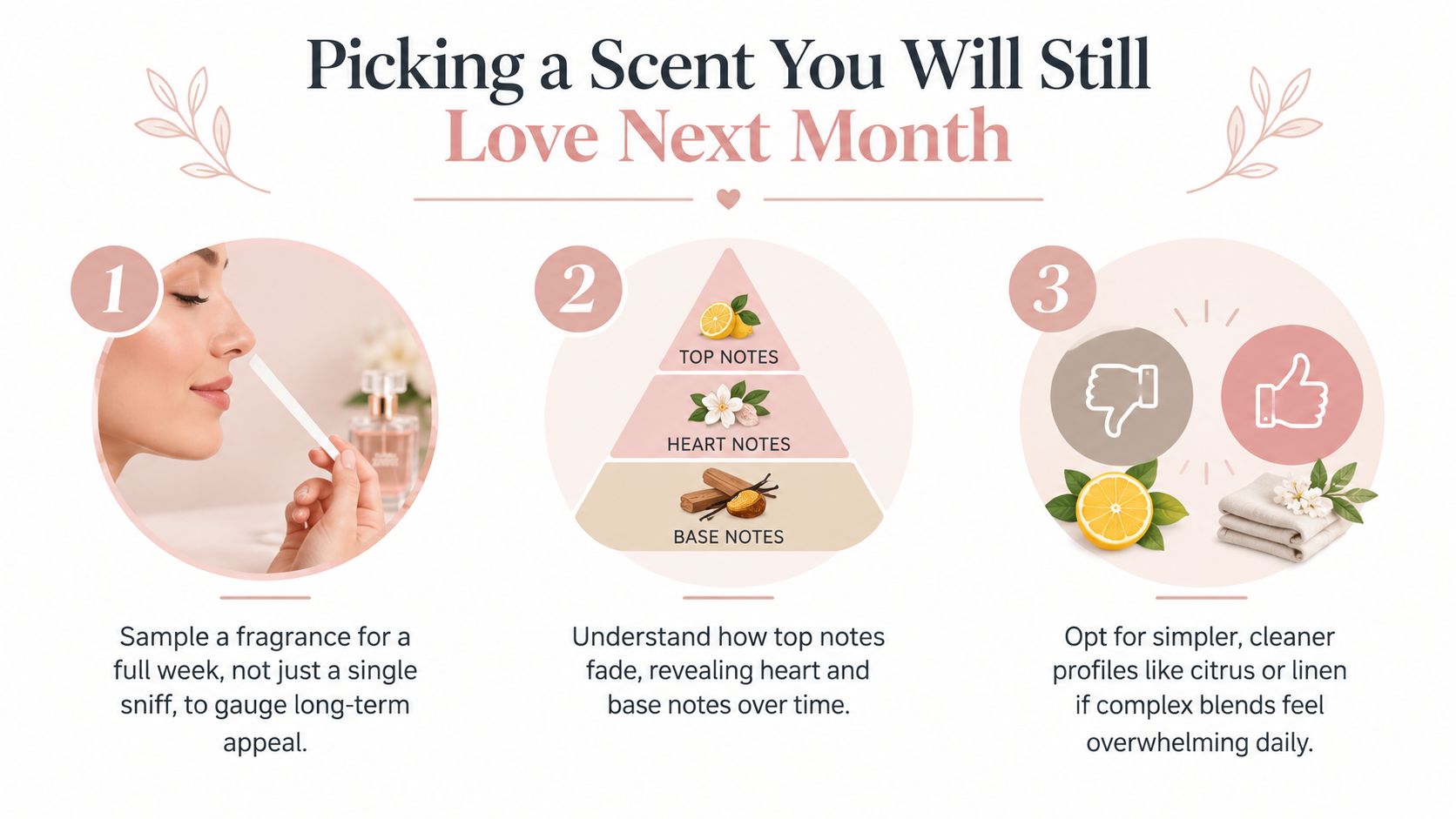 A three-step infographic guide on how to choose a fragrance you will enjoy for a long time.