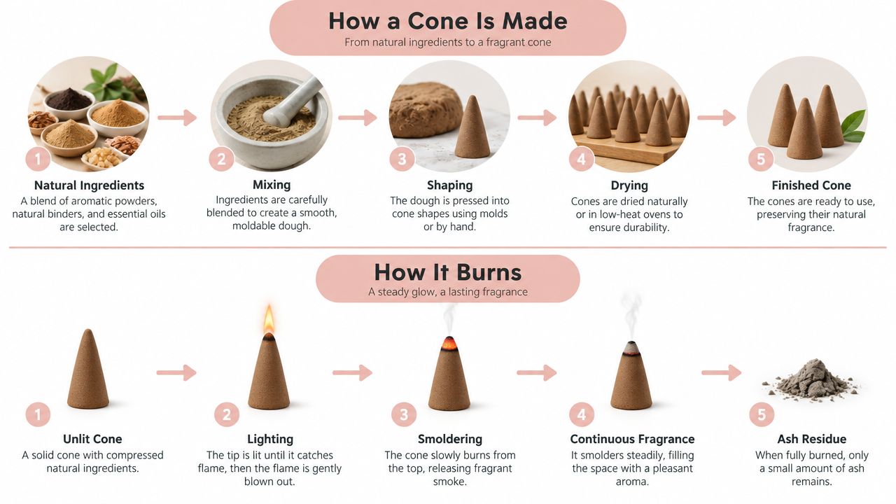 An infographic showing the manufacturing process and burning stages of natural aromatic incense cones.