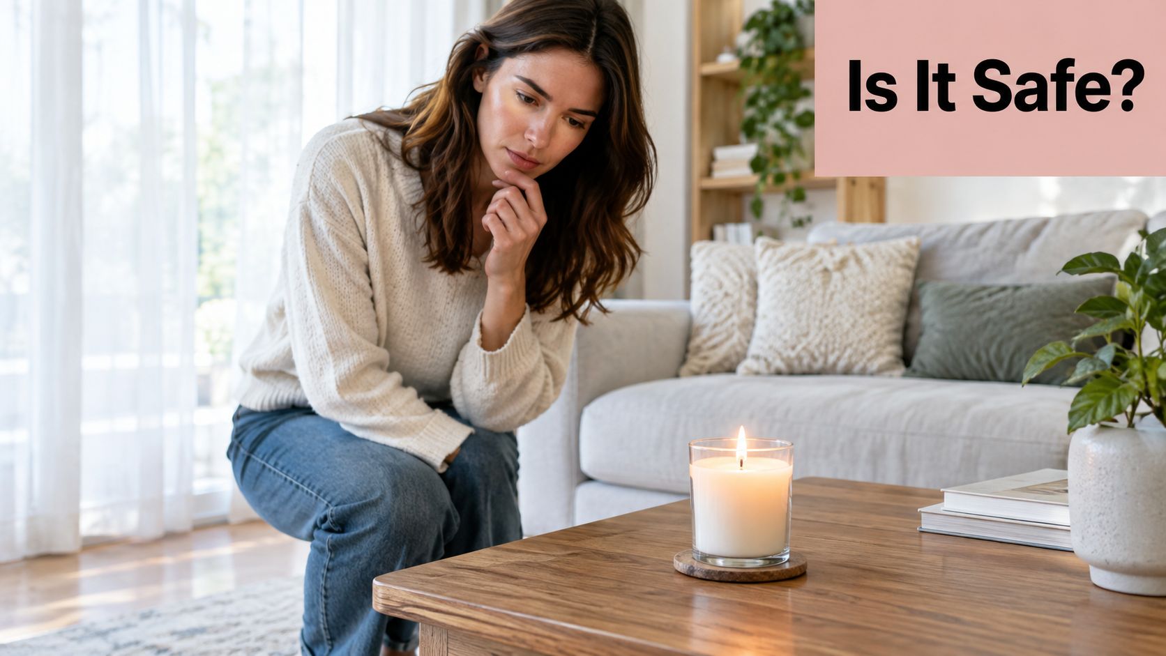 A woman looks thoughtfully at a lit candle on a coffee table, questioning home fragrance safety.