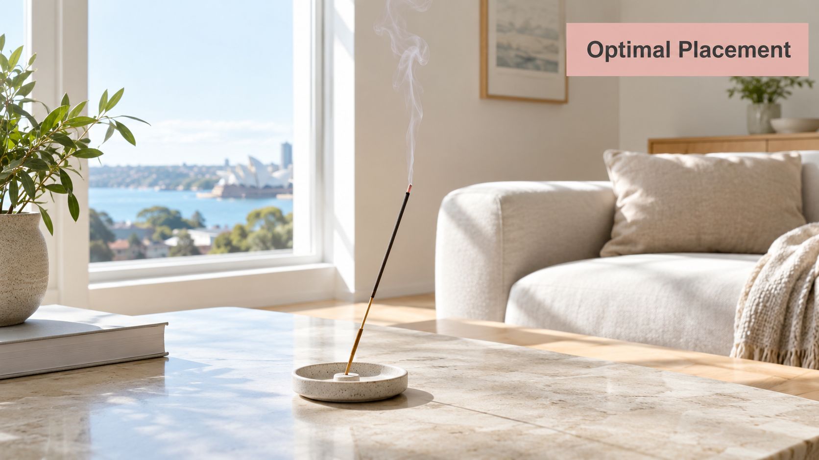 A burning incense stick in a stone holder sits on a marble table by a window.