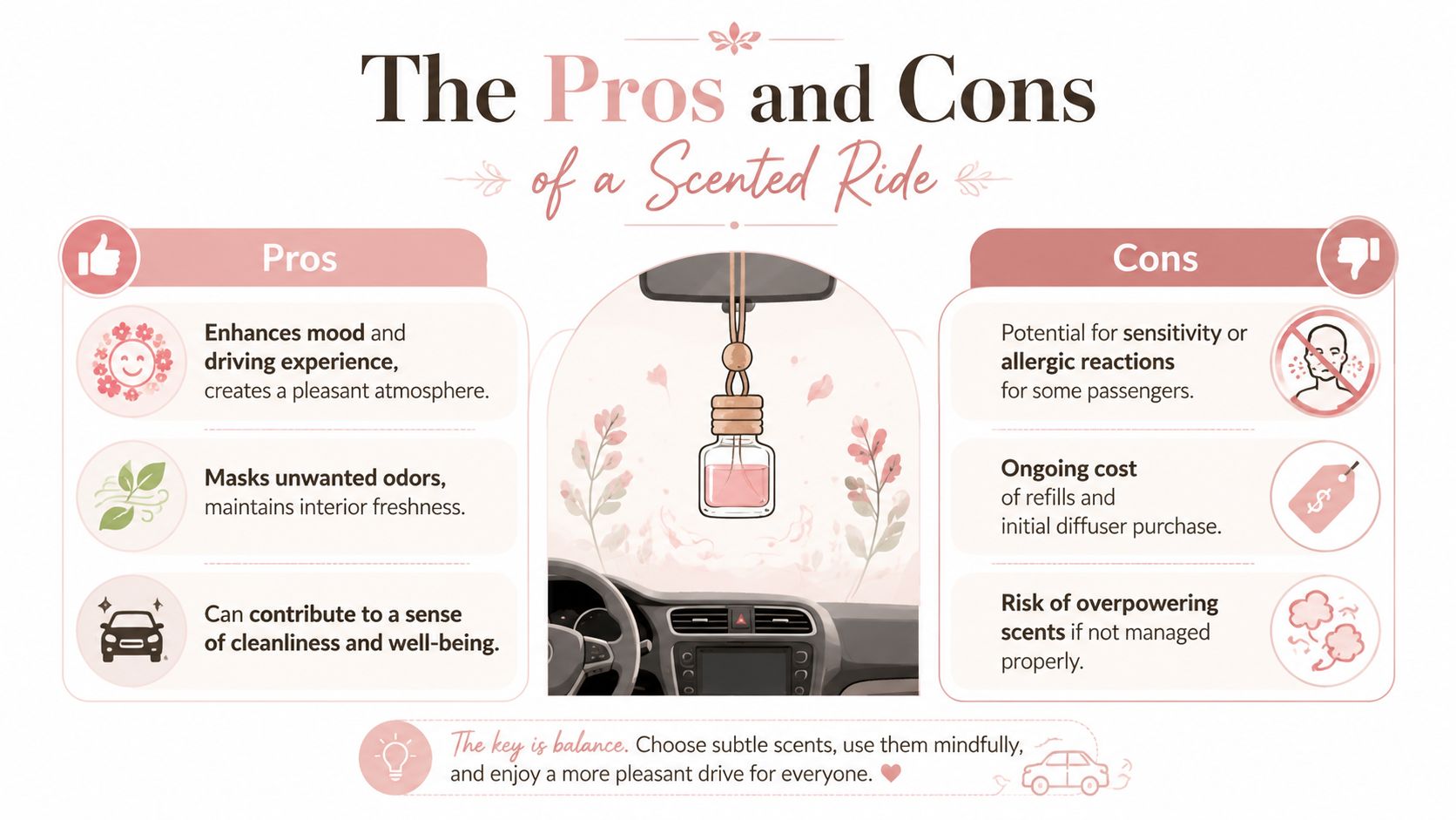 A comparative infographic highlighting the pros and cons of using car air diffusers for interior scenting.