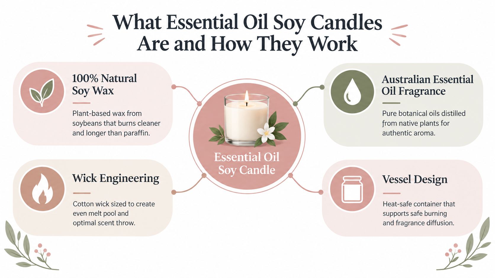 An infographic detailing the composition and design elements of essential oil soy candles, including wax, fragrance, wicks, and vessels.