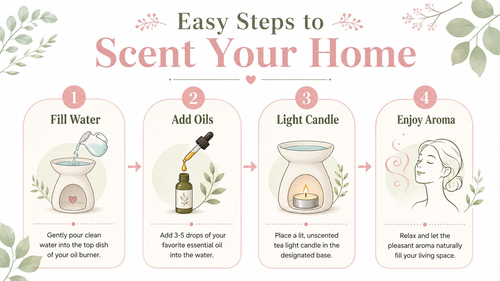 An infographic showing four easy steps to use an oil burner with essential oils for home fragrance.