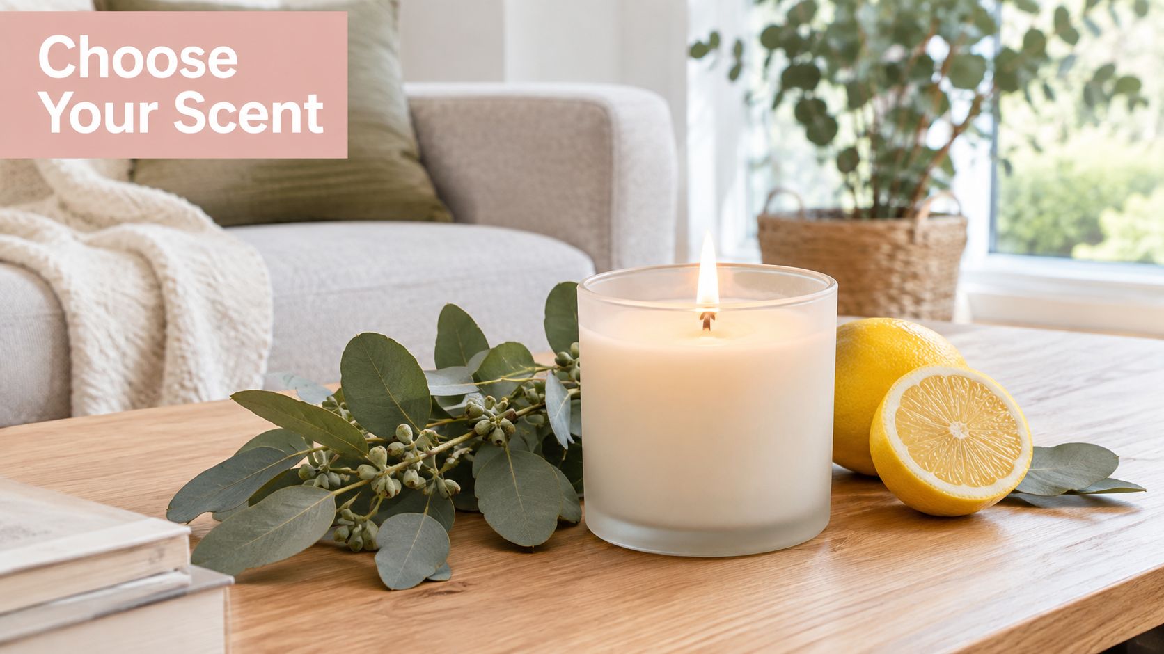 A burning scented candle with eucalyptus leaves and fresh lemons on a wooden table in a living room.