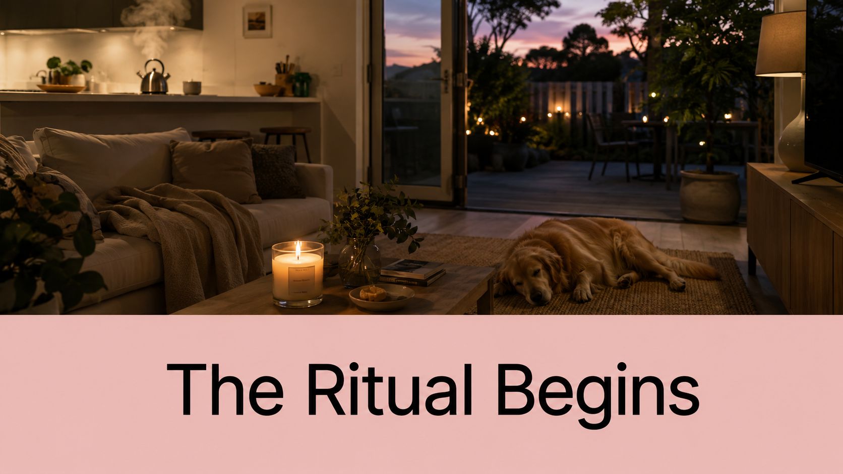 A cozy living room at dusk with a golden retriever sleeping on a rug by a candle.