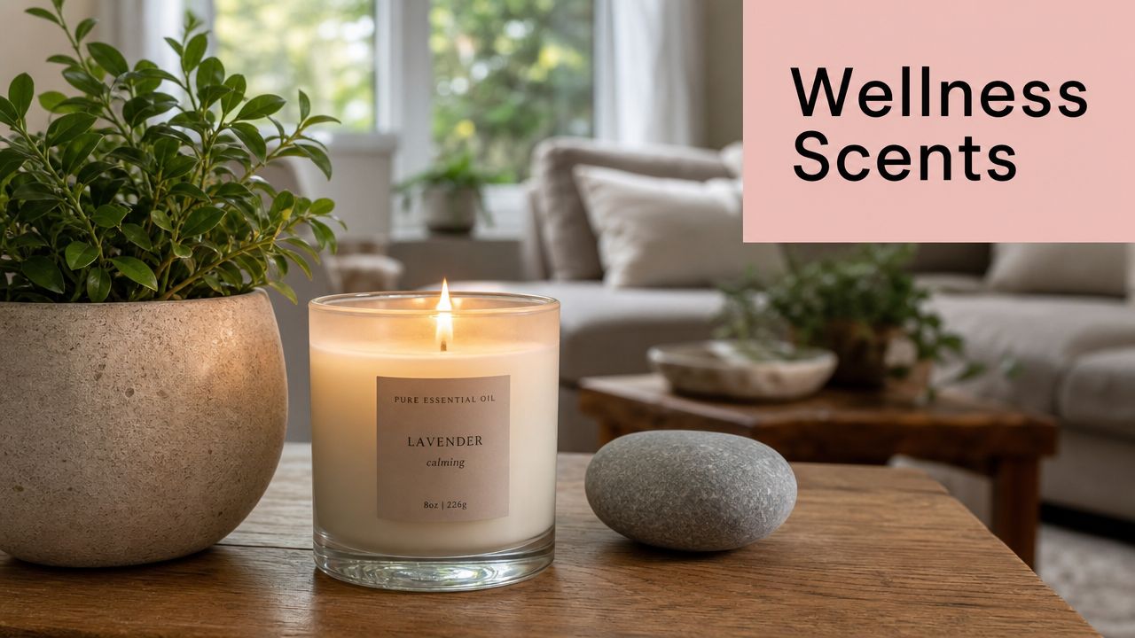 A lit lavender essential oil candle sits on a wooden table next to a stone and plant.