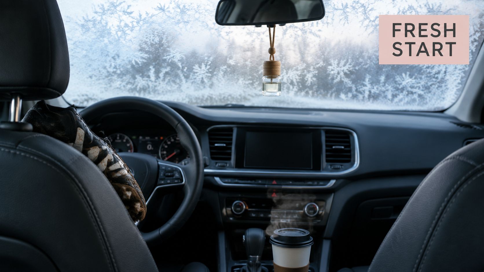 A glass car air freshener hanging from the rearview mirror inside a car with frosted windows.