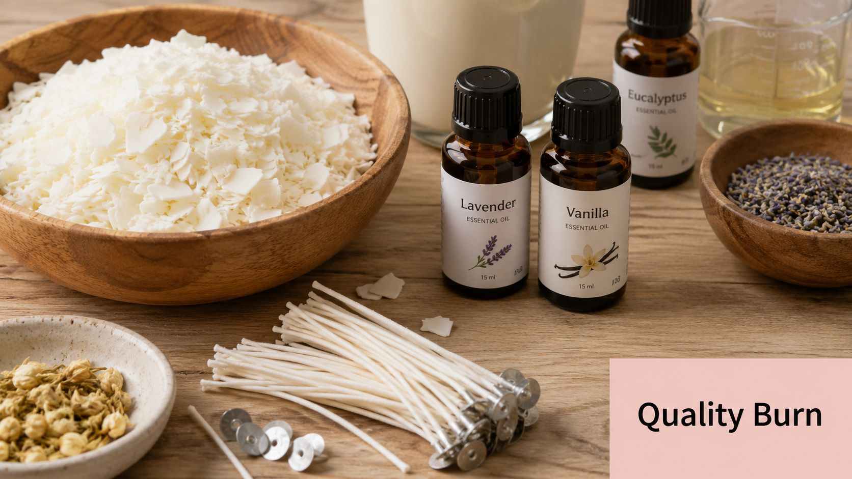Ingredients for making candles including wax flakes, essential oils, wicks, and dried flowers on a table.