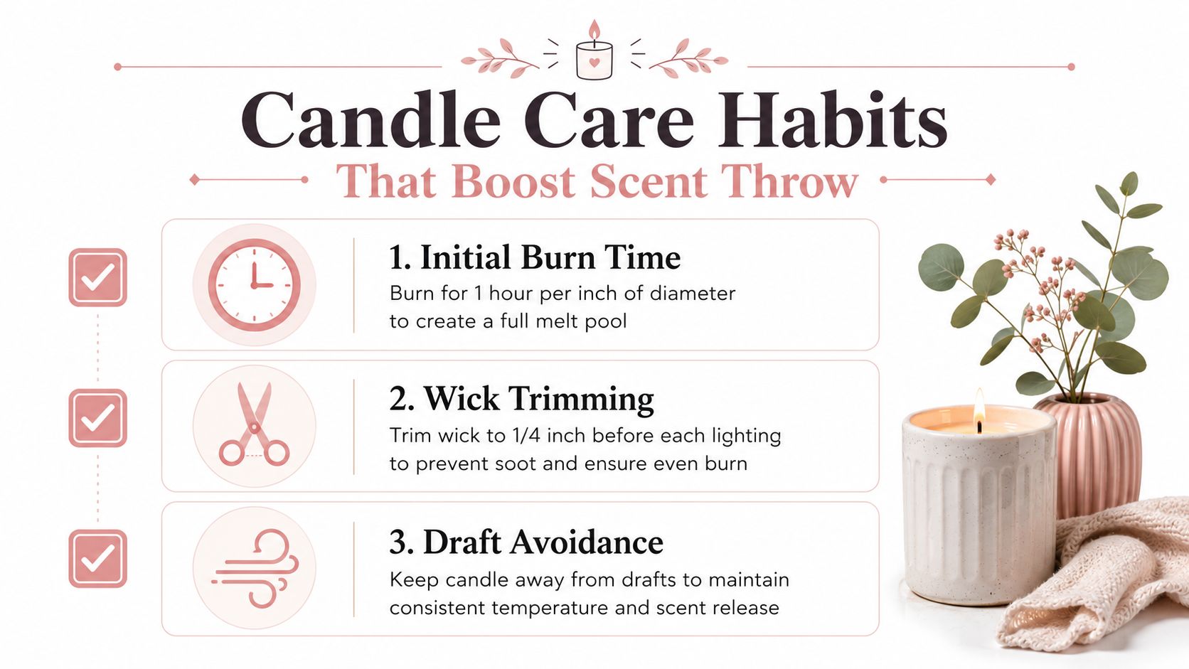 An infographic titled Candle Care Habits showing three tips to improve scent throw for home candles.