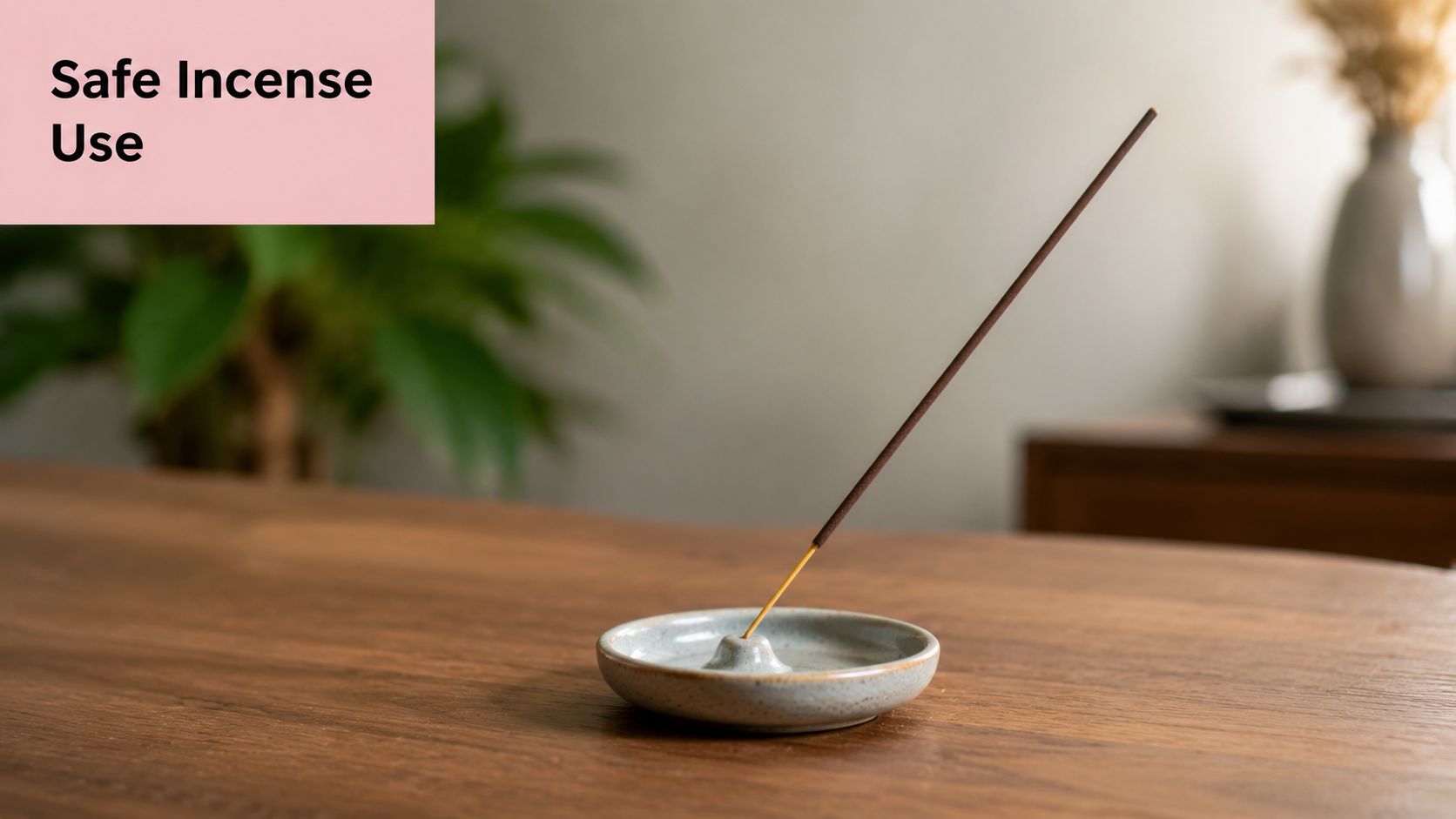 An incense stick stands upright in a ceramic holder on a wooden table, suggesting safe aromatherapy practices.