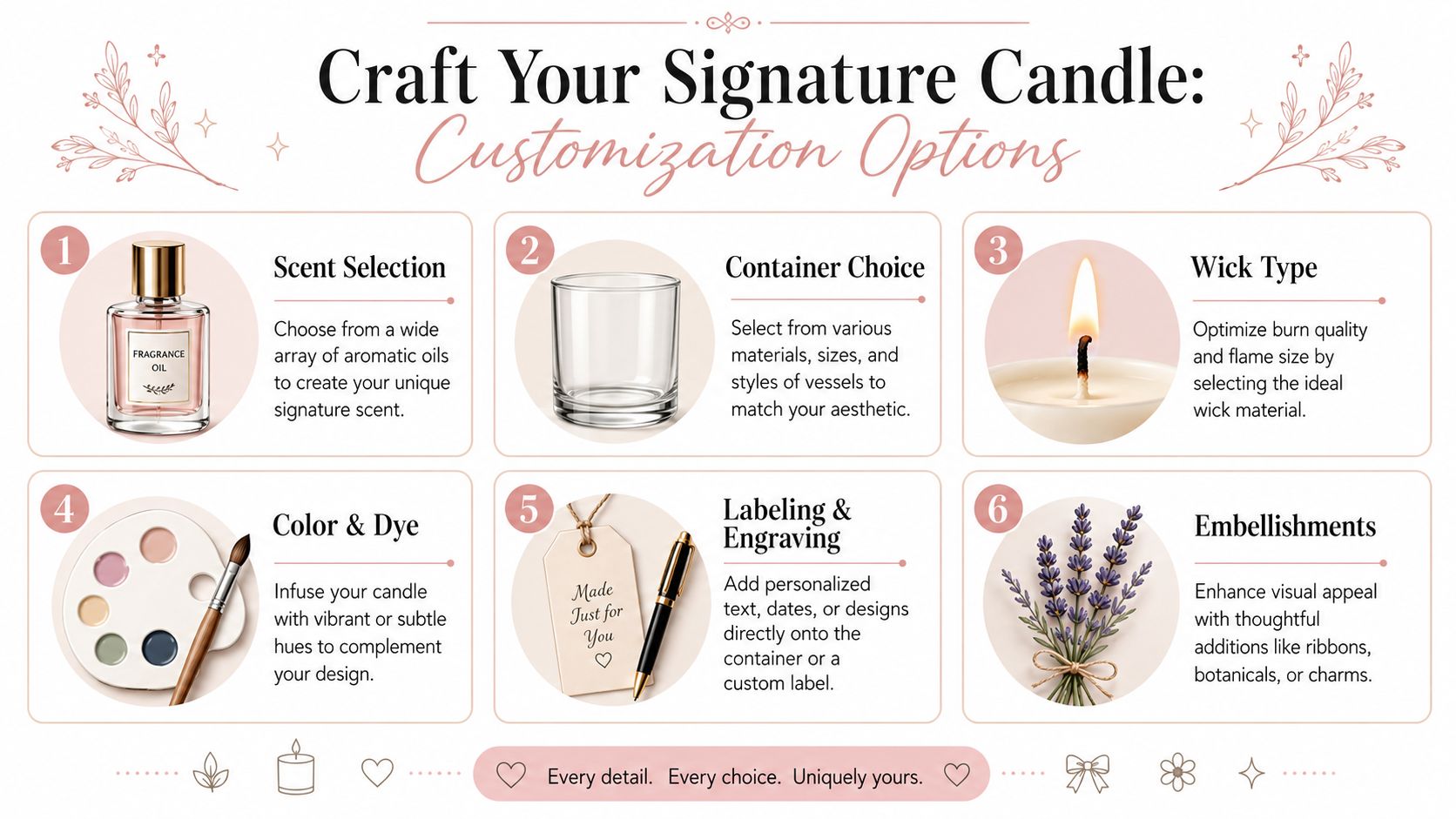 A six-step infographic showing customization options for creating a bespoke signature candle, including scent, container, and design.