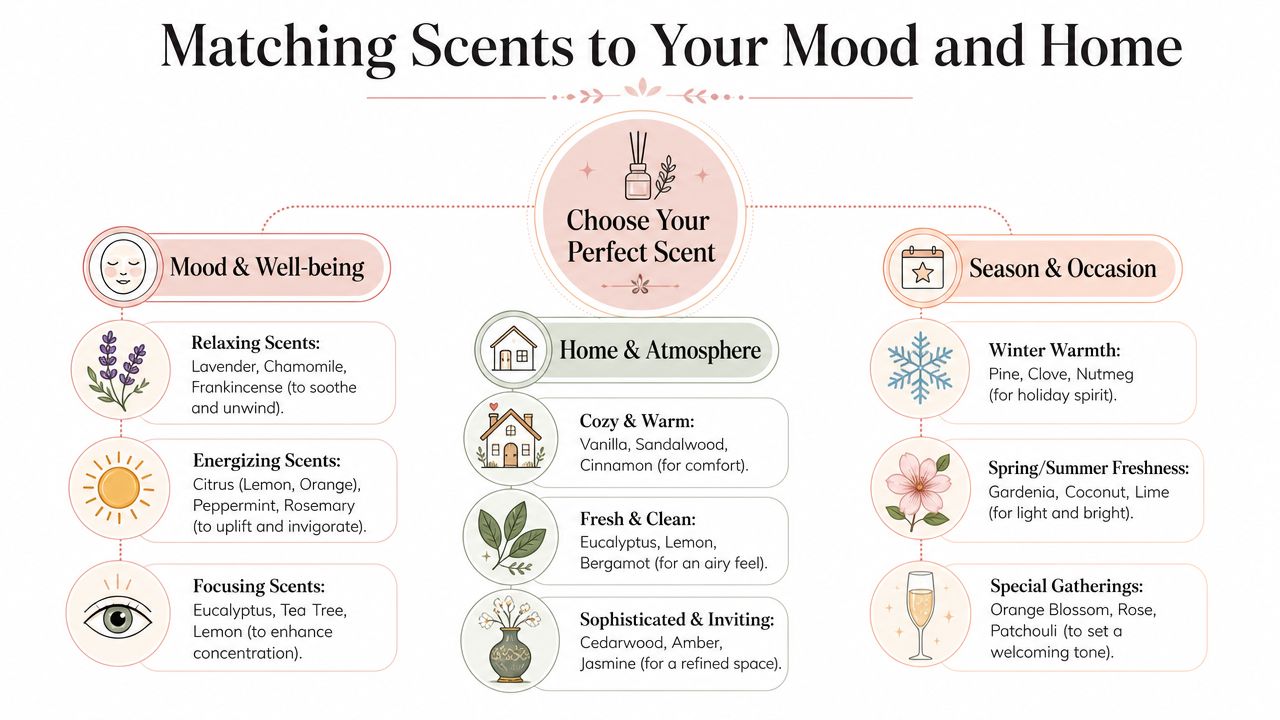 An infographic titled Matching Scents to Your Mood and Home, categorizing various essential oils by mood, atmosphere, and occasion.