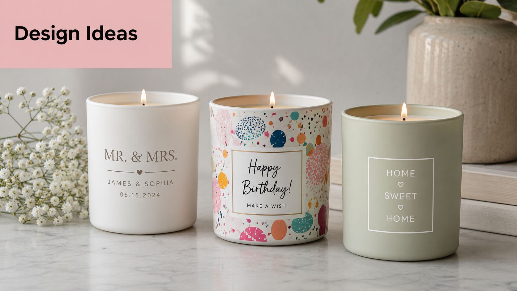 Three decorative scented candles on a marble surface with personalized birthday, wedding, and home themes.
