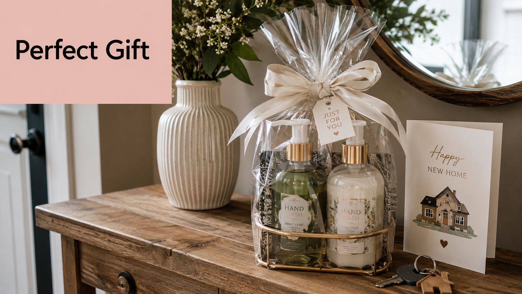 A thoughtful hand wash gift set sitting on a rustic wooden console table with flowers.