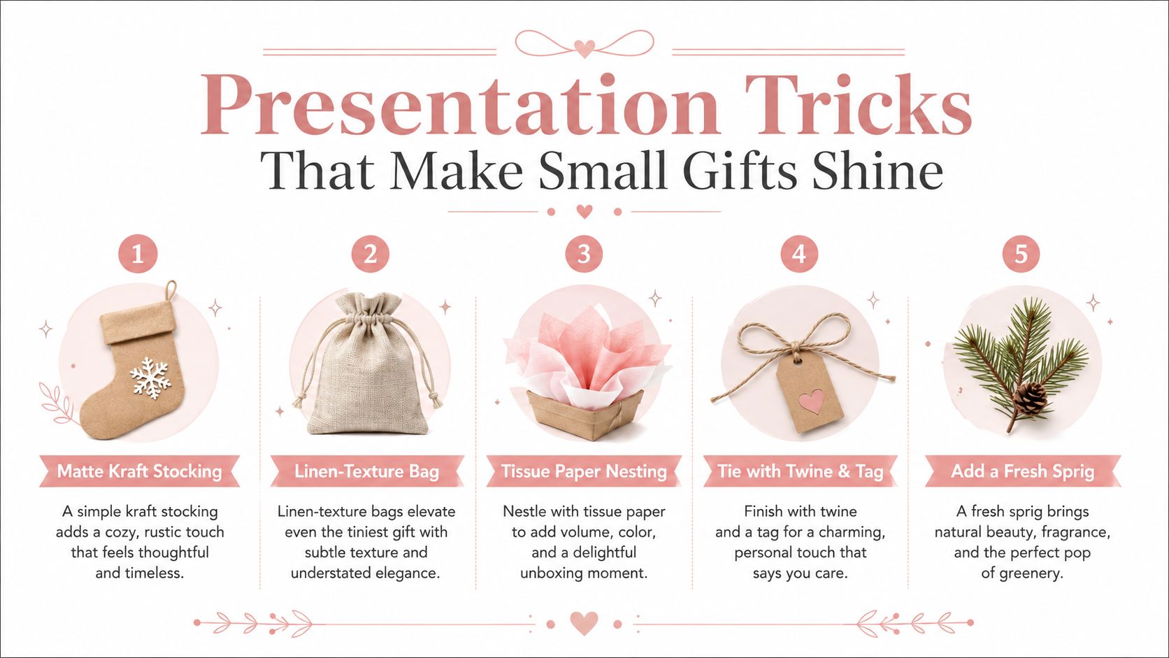 An infographic showing five creative ways to present small gifts with elegant packaging and natural decorations.