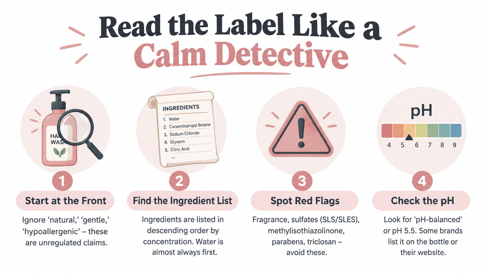An infographic titled Read the Label Like a Calm Detective providing four steps for evaluating soap ingredients.