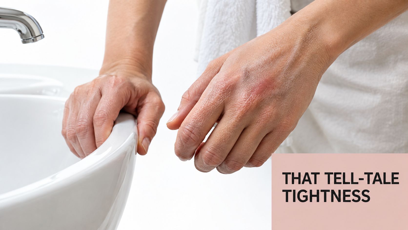 Close up of dry, irritated skin on human hands resting near a bathroom sink faucet.