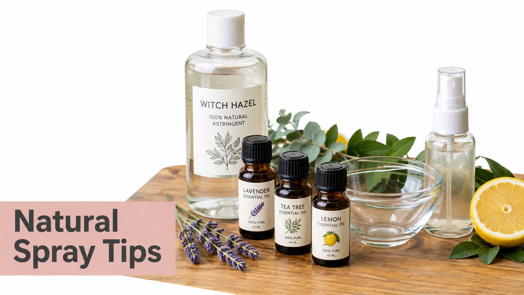 Ingredients for a DIY natural linen spray including witch hazel, essential oils, and fresh citrus on wood.