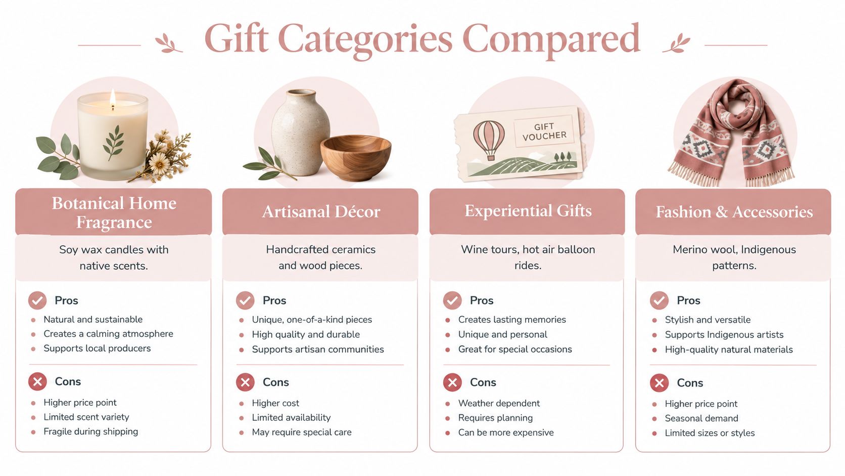 A comparison chart outlining the pros and cons of four different gift categories for thoughtful gifting.