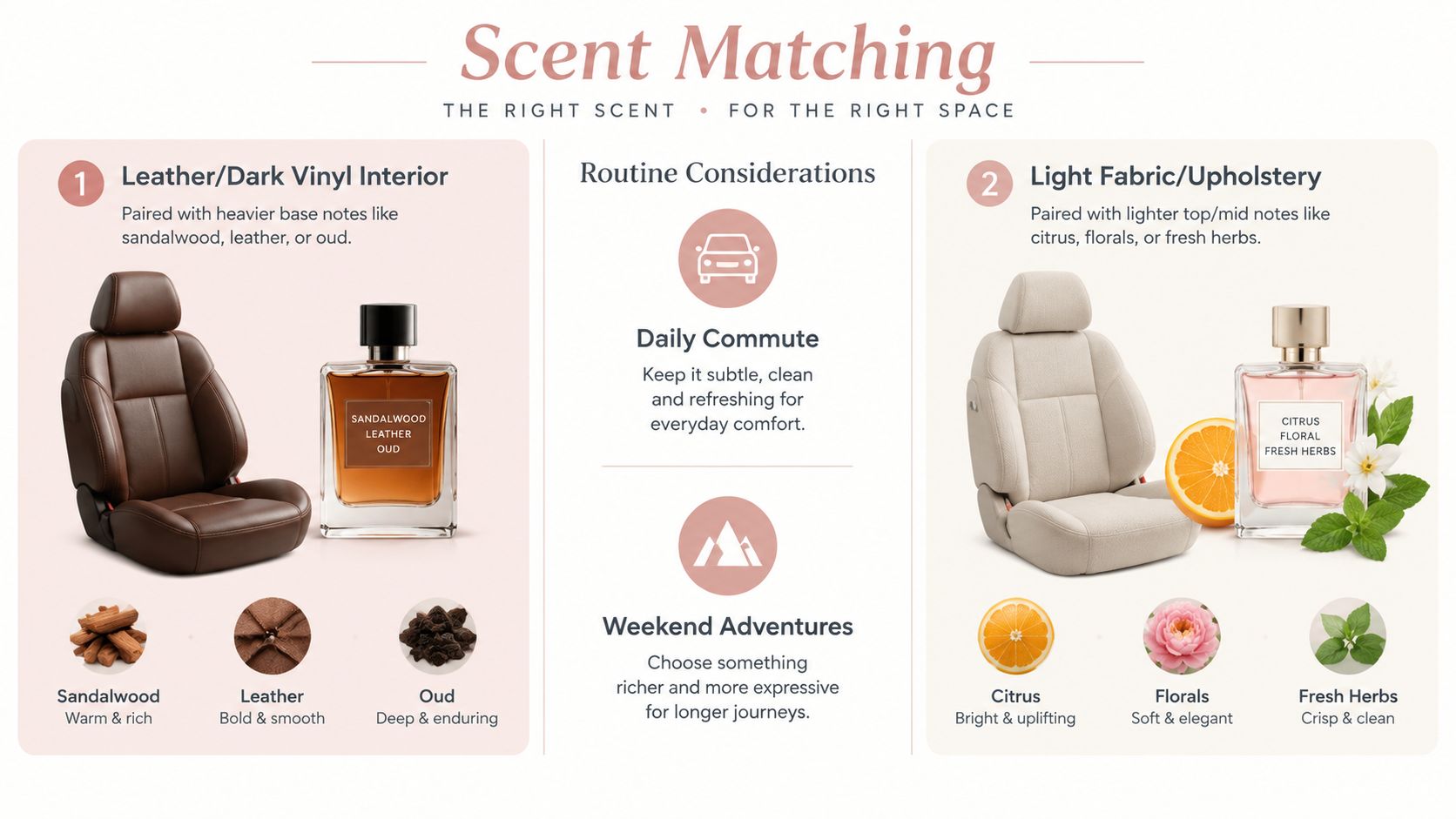 A car scent matching guide comparing fragrance recommendations for leather versus fabric car interiors and driving routines.