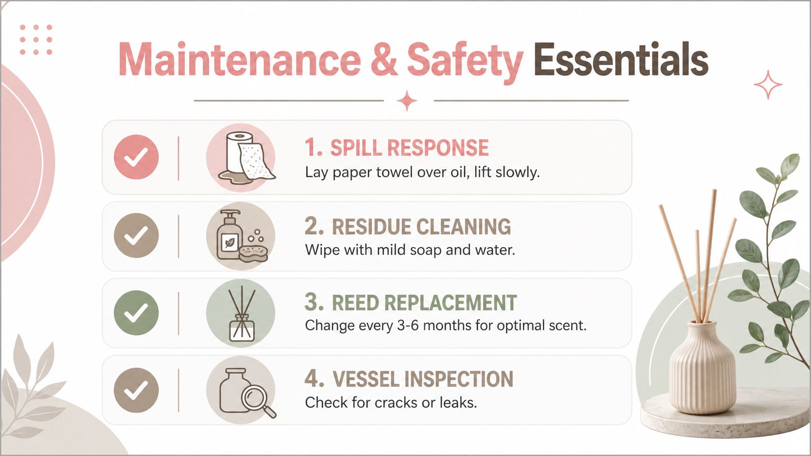 An instructional infographic detailing maintenance and safety tips for reed diffusers including cleaning, spills, and inspections.