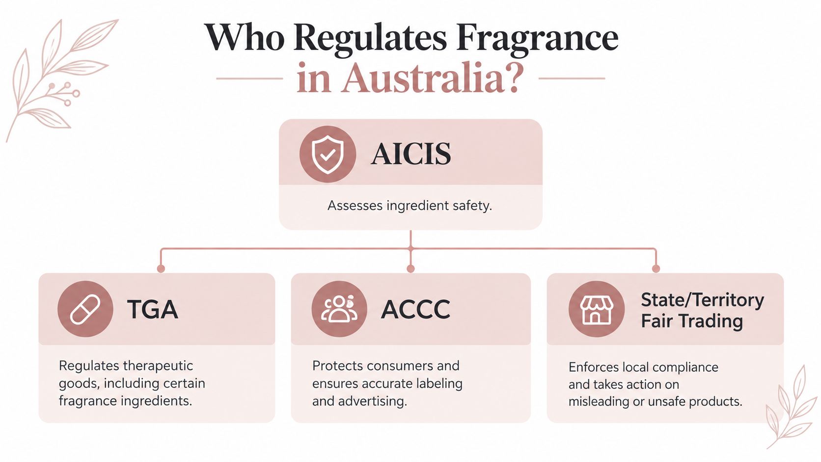 An infographic showing the regulatory bodies responsible for fragrance safety and compliance in Australia.