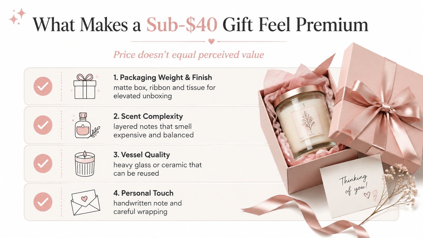 An infographic titled What Makes a Sub-40 Dollar Gift Feel Premium, featuring a list of four tips.